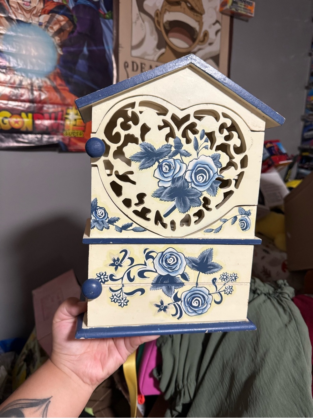 Vintage Cream and Blue Floral Wooden trinket box